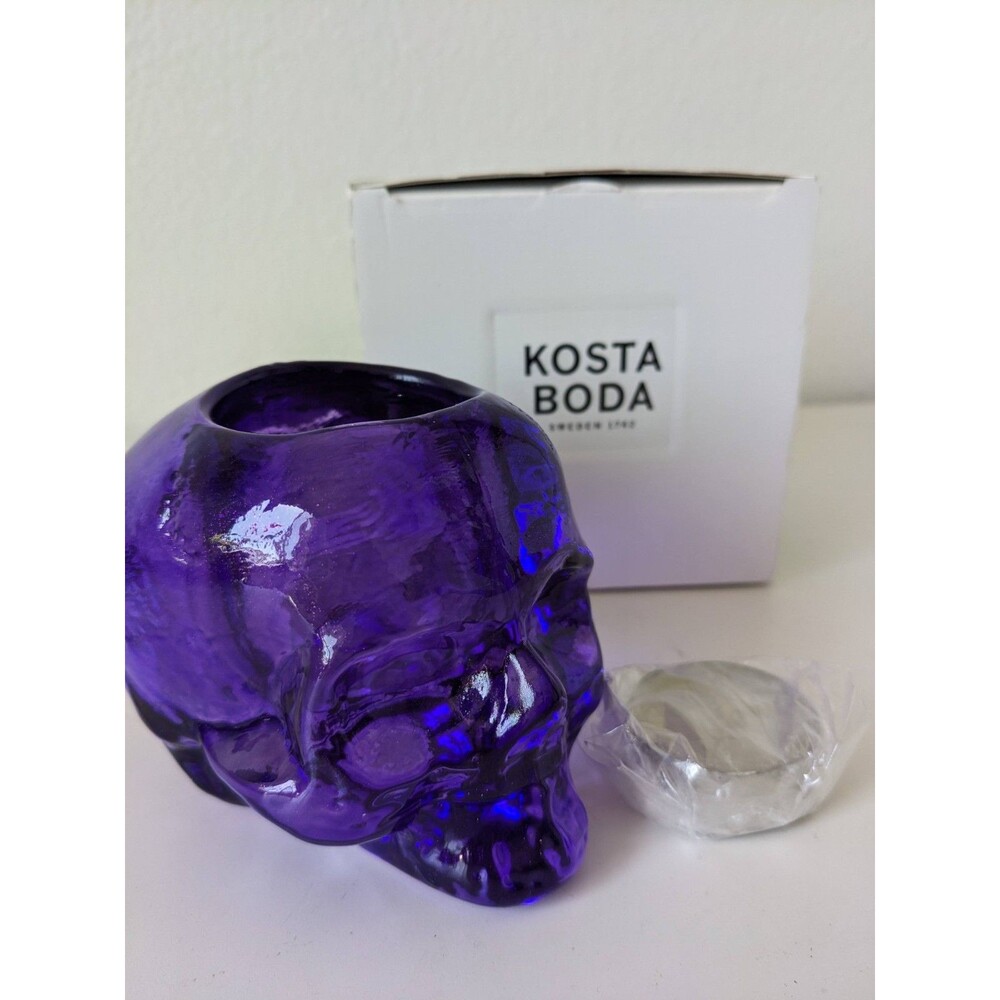 Kosta Boda Swedish Crystal Skull Votive Candle Holder Purple Halloween Gothic